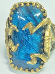Antique Art Deco Blue Morpho Butterfly Wing Green Man? Pan? Czech? Ring Devil