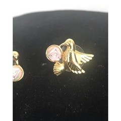 Gold Tone Bird with Rose Earrings Cute Vintage Jewelry Gift for Her