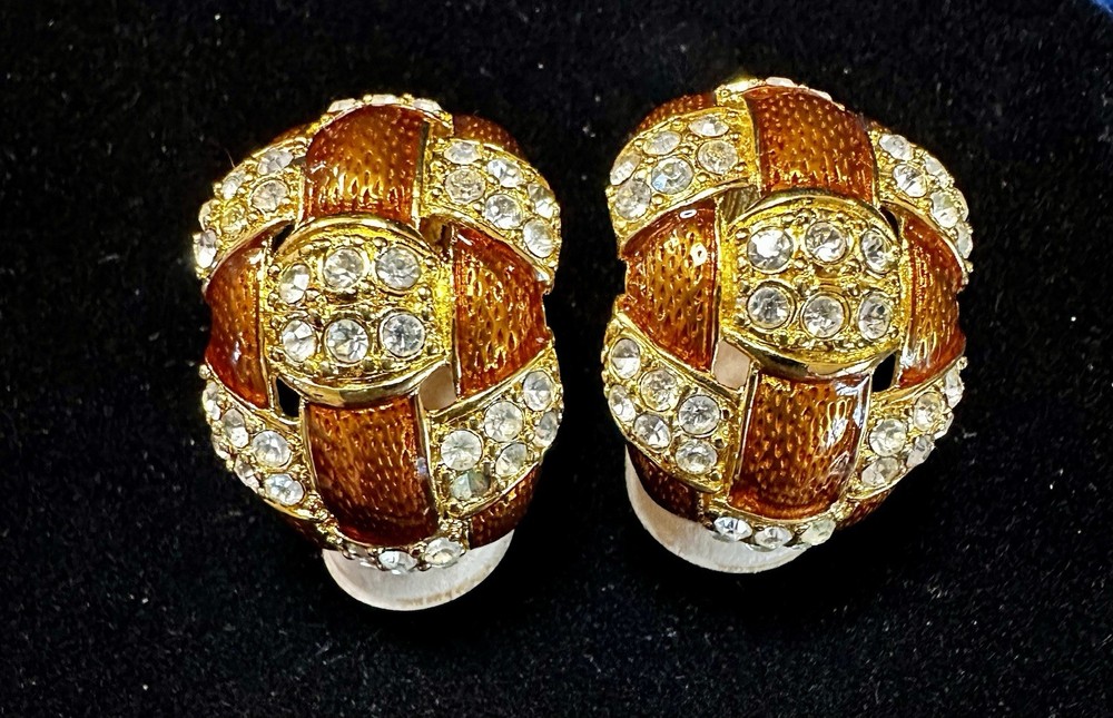 VTG JOAN RIVERS GOLDEN BROWN ENAMEL RHINESTONE HALF HOOP CLIP ON EARRINGS