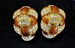 VTG JOAN RIVERS GOLDEN BROWN ENAMEL RHINESTONE HALF HOOP CLIP ON EARRINGS