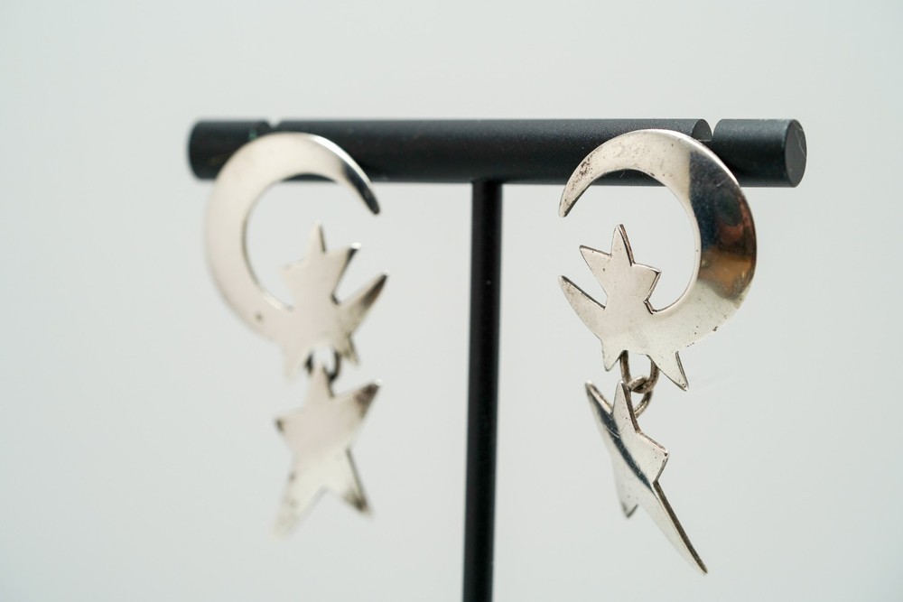 Vintage 1995 Sterling Silver Moon Stars Dangle Earrings 4.2cm JB37
