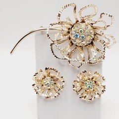 Vintage Sarah Coventry AB Rhinestone Centers Flower Brooch Clip Earrings Set
