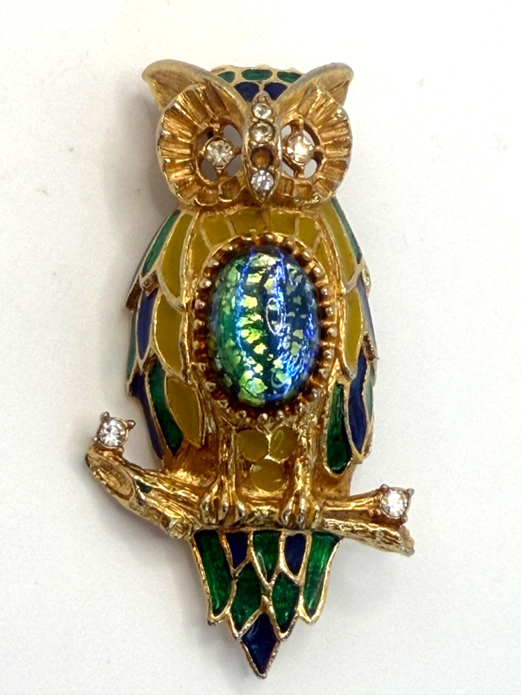 Vintage Florenza Owl Brooch Blue Green Foiled Cabochon Enamel Gold Tone Pin