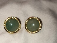 Vintage Gold Tone Faux Jade Cabochon Rhinestone Button Stud Earrings Light Green