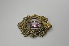 Vintage Brooch Czech Style Brass Floral large Glass Stone wear rehab T14