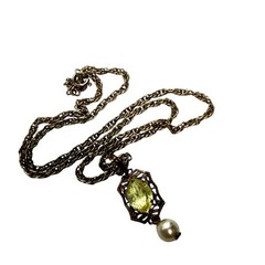 Vintage Filigree Pendant Necklace Yellow Citrine Glass Pearl Drop Gift For Her