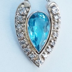14K White Gold Blue Aquamarine Diamond Artistic Pendant Necklace, 18 Inch Chain