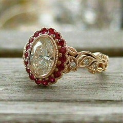Art Deco Oval Cut Lab Created Diamond & Ruby Halo Wedding Bridal 925 Silver Ring