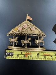 Vtg 1928 Jewelry Company Gold Tone Brooch Pin Carousel Horses Pink Roses