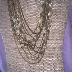 Multi 13 St Gold Tone Layered Necklace/Faux Pearls Bar Link,Curb Chains