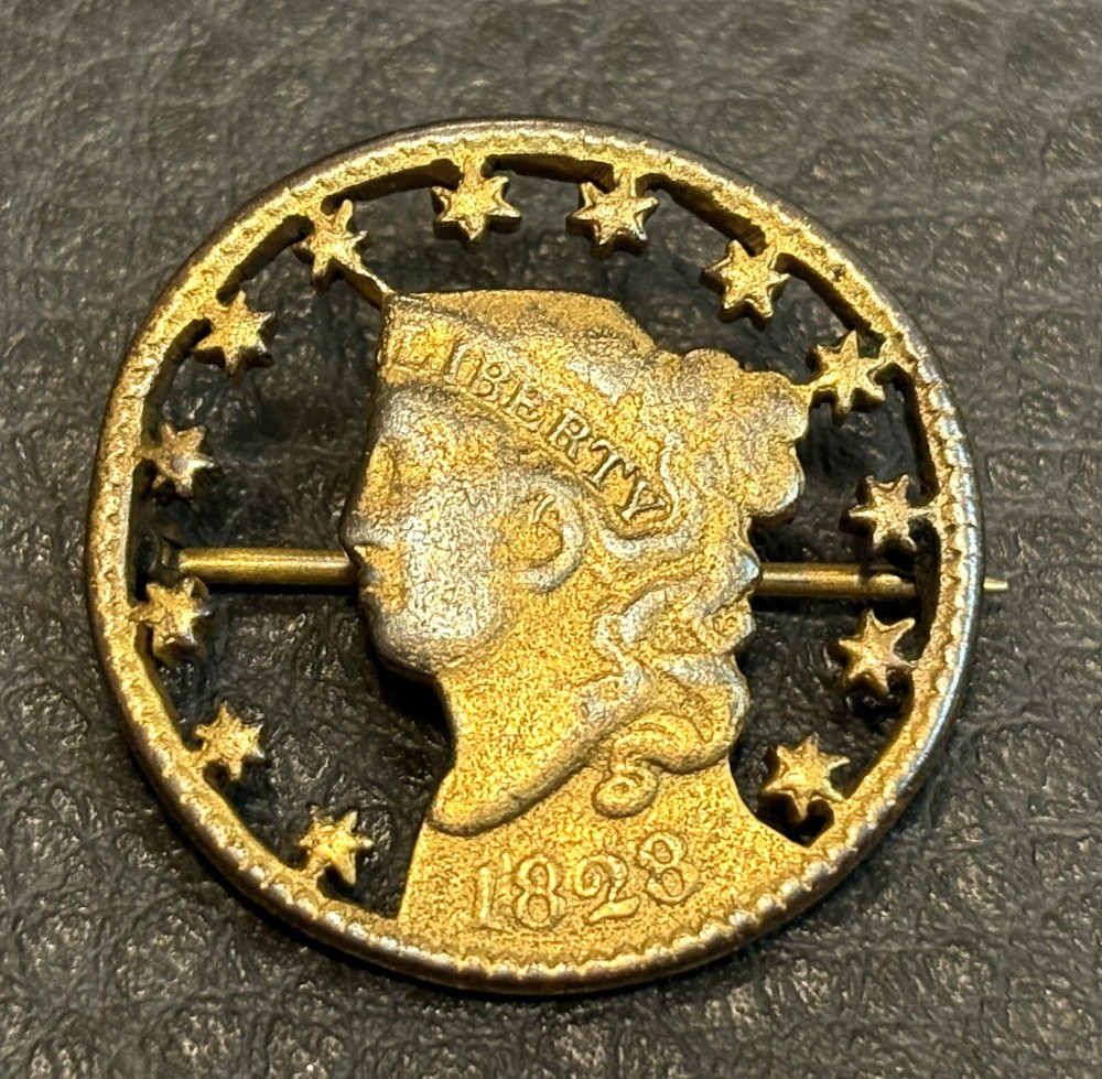 1823 United States Coronet Head Cent Coin Brooch Pin C Clasp Antique Victorian