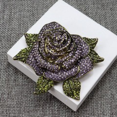 Heidi Daus Rhinestone Rose Brooch Purple Green Crystal Antique Bronze Floral Pin
