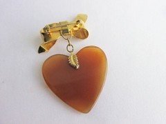 Vintage Carnelian Heart Dangling Bow Pin Gold Plate Translucent Stone