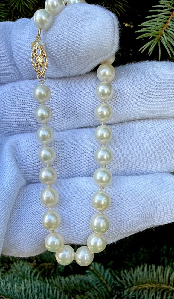 14K Solid Yellow Gold Clasp 6.4mm Beaded White round Pearl Bracelet -7.5”