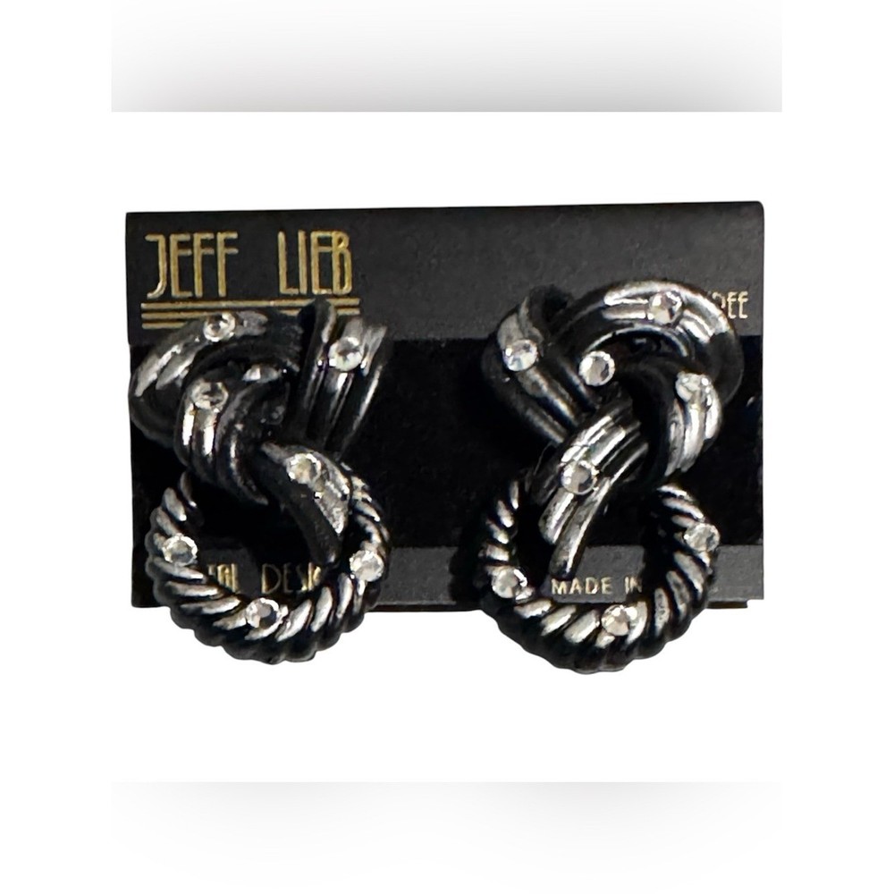 Vintage Jeff Lieb Rhinestone Knot Clip On Earrings Silver Tone Rope Design NOS