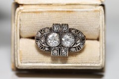 Antique Circa 1900s 14k Gold Top Silver Natural Rose Cut Diamond Decorated Ring