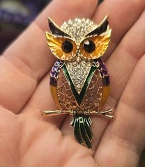 Gorgeous Green And Yellow Rhinestone Owl Brooch Pin