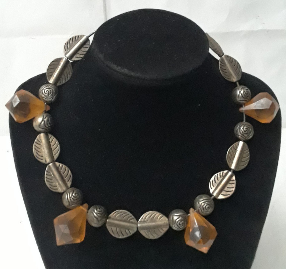 Vintage Handmade Silver Tone Chocker Necklace with Amber Beads 10 in