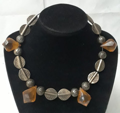 Vintage Handmade Silver Tone Chocker Necklace with Amber Beads 10 in