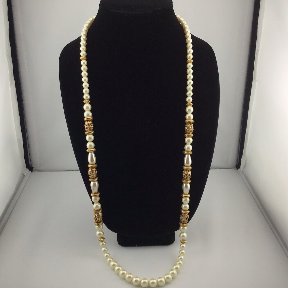 Vtg Necklace 1928 Brand Cultura Glass Faux Pearls 35” Weighs 2.9oz Opera Length