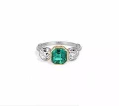 Art Deco Style 3-Stone 2.95Ct Cushion Lab Created Emerald Wedding Silver Ring