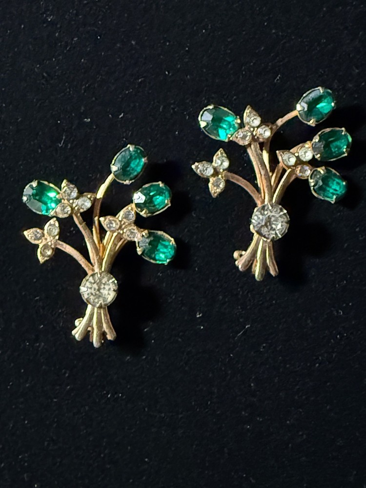 Vintage Pair Scatter Pins Flowers Emerald Green Rhinestones Gold Tone 1940s