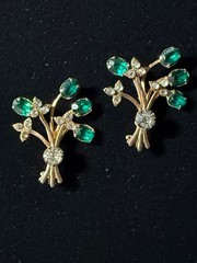 Vintage Pair Scatter Pins Flowers Emerald Green Rhinestones Gold Tone 1940s