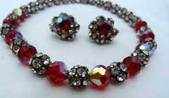 VINTAGE DALSHEIM RHINESTONE SPHERES RED CRYSTAL AB BEADS NECKLACE EARRINGS SET