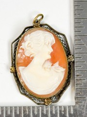 Vintage Costume Jewelry Last Cameo Orange Hand Carved Shell Gold Tone Pendant