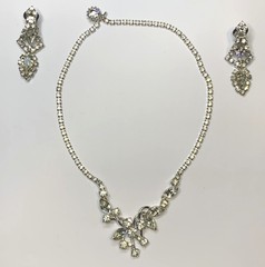 Vintage Choker Necklace Clear Rhinestone Silver Tone Asymmetrical w/ Earrings