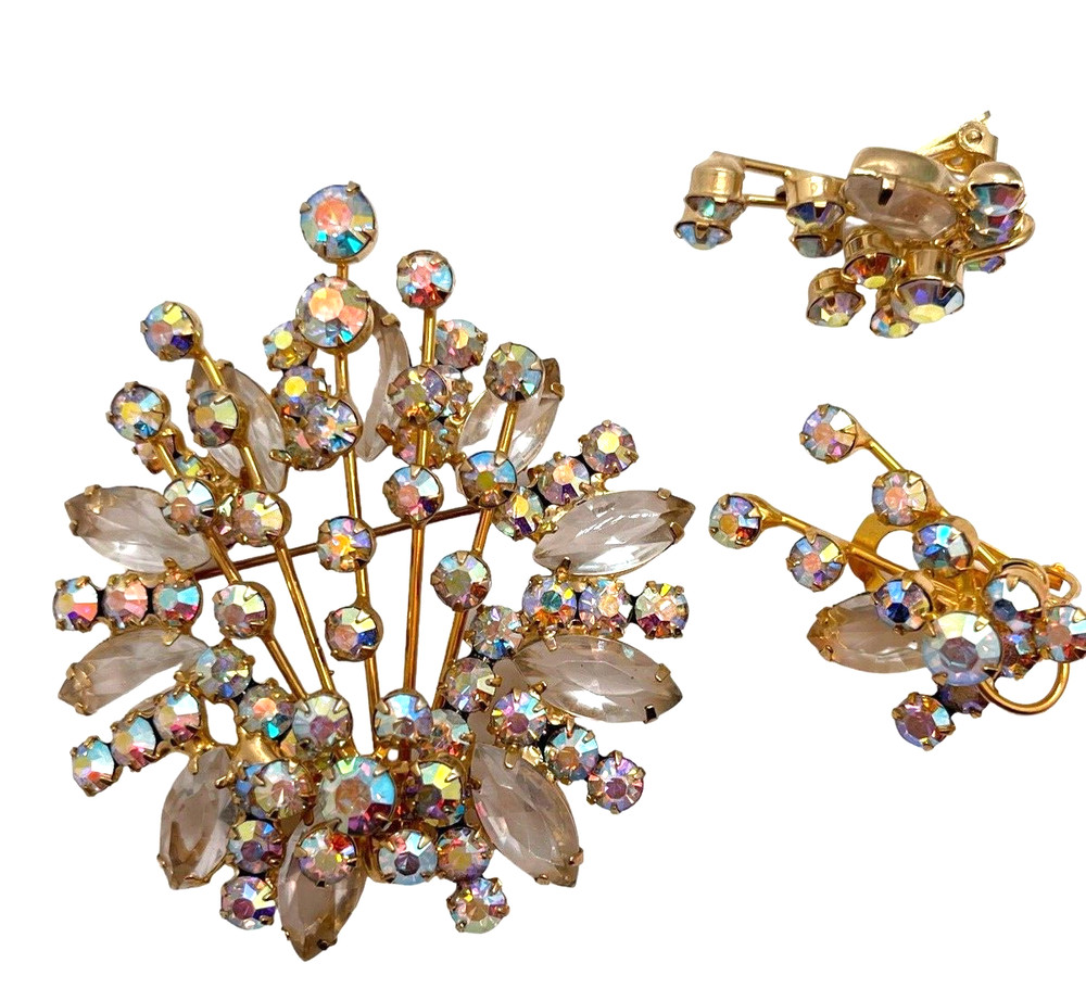 Juliana D&E Book Set AB Rhinestone Wreath & Flower Spray Brooch & Earring Set