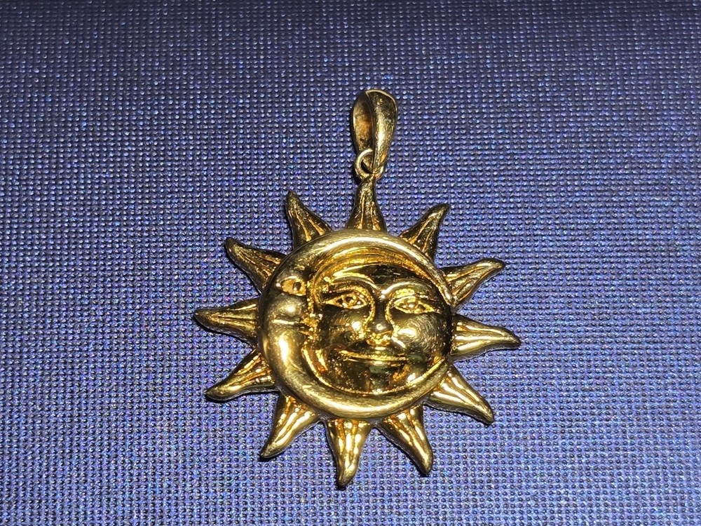 Vintage 925 Sterling Gold Vermeil Sun and Crescent Moon Pendant 1″