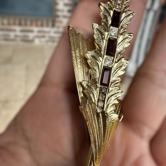 VTG Whiting Davis Feather Brooch Pin 5 Inch Red Glass Rhinestone Gold Plate Rare