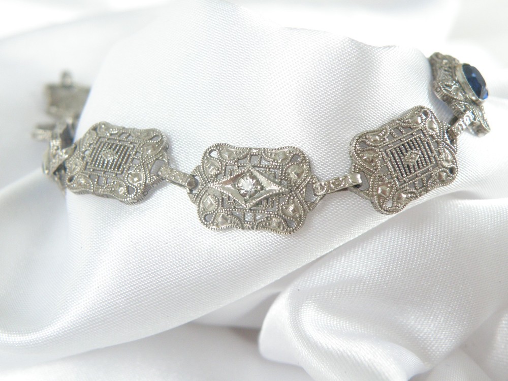 Art Deco Sterling Silver Sapphire Paste Filigree Station Antique Bracelet 7.5″