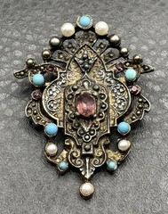 Vintage Etruscan Style Victorian Revival Brooch Faux Turquoise Rhinestone Ornate