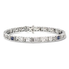 Vint Synth Sapphire Brclt w Single Diamond in 14k White Gold 7 inches