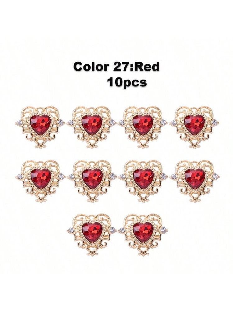 10pcs Red 10 Heart Pendant Gold Zinc Alloy Rhinestone Baroque Style