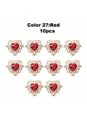 10pcs Red 10 Heart Pendant Gold Zinc Alloy Rhinestone Baroque Style