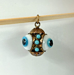Vtg Victorian? Triple Evil Eye Blown Glass Gilted Brass Pendant Good Luck Amulet