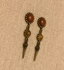 Vintage Earrings Red Amber Color Stone Dangle Pierced Post Ethnic Tribal Boho