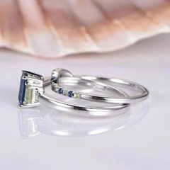 2.2Ct Emerald Cut Lab Created Sapphire & Diamond Engagement 14K Gold FN Ring Set