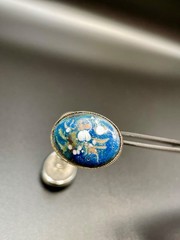 Vintage Mid Century Modernist Enamel Oval Silver Tone Cufflinks Blue Abstract
