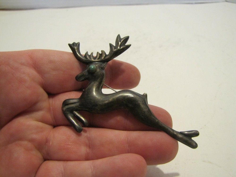 VTG STAMPED SILVER MEXICO REINDEER BROOCH/PIN W/TURQUOISE EYE USED CLEAN