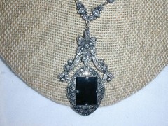STUNNING~ ART DECO STERLING BLACK ONYX HAND SET MARCASITE NECKLACE!