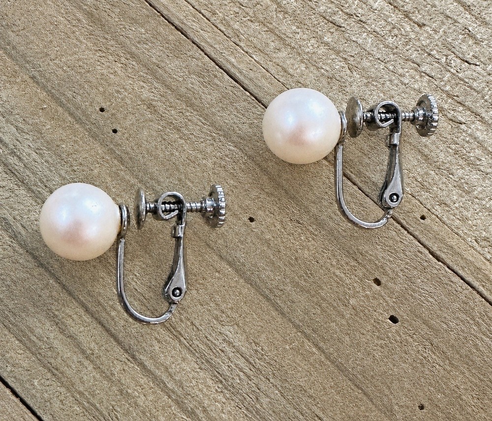Vintage Marvella Screw Back Earrings Faux Pearl Silver Tone