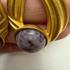 Vtg M. Jent Modernist Purple Lucite Cabochon Abstract Matte Goldtone Earrings