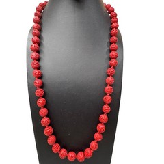 Vintage Red Carved Cinnabar Beaded Necklace Gold Clasp Floral Detailing 26″ Long