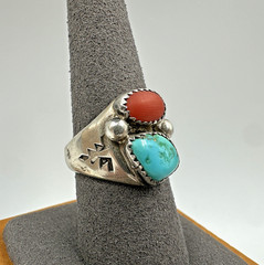 Vintage Sterling Turquoise Coral Unisex Ring Signed VL Vera Luna Size 8.5