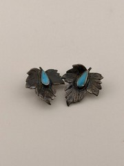 Vintage Leaf Clip On Earrings Blue Cabochon Southwestern Style Non Magnetic