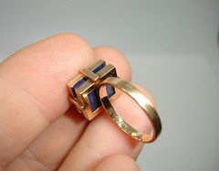 14K Gold Lapis Lazuli Signet Statement Ring Mid Century Deco two-tiered square 7